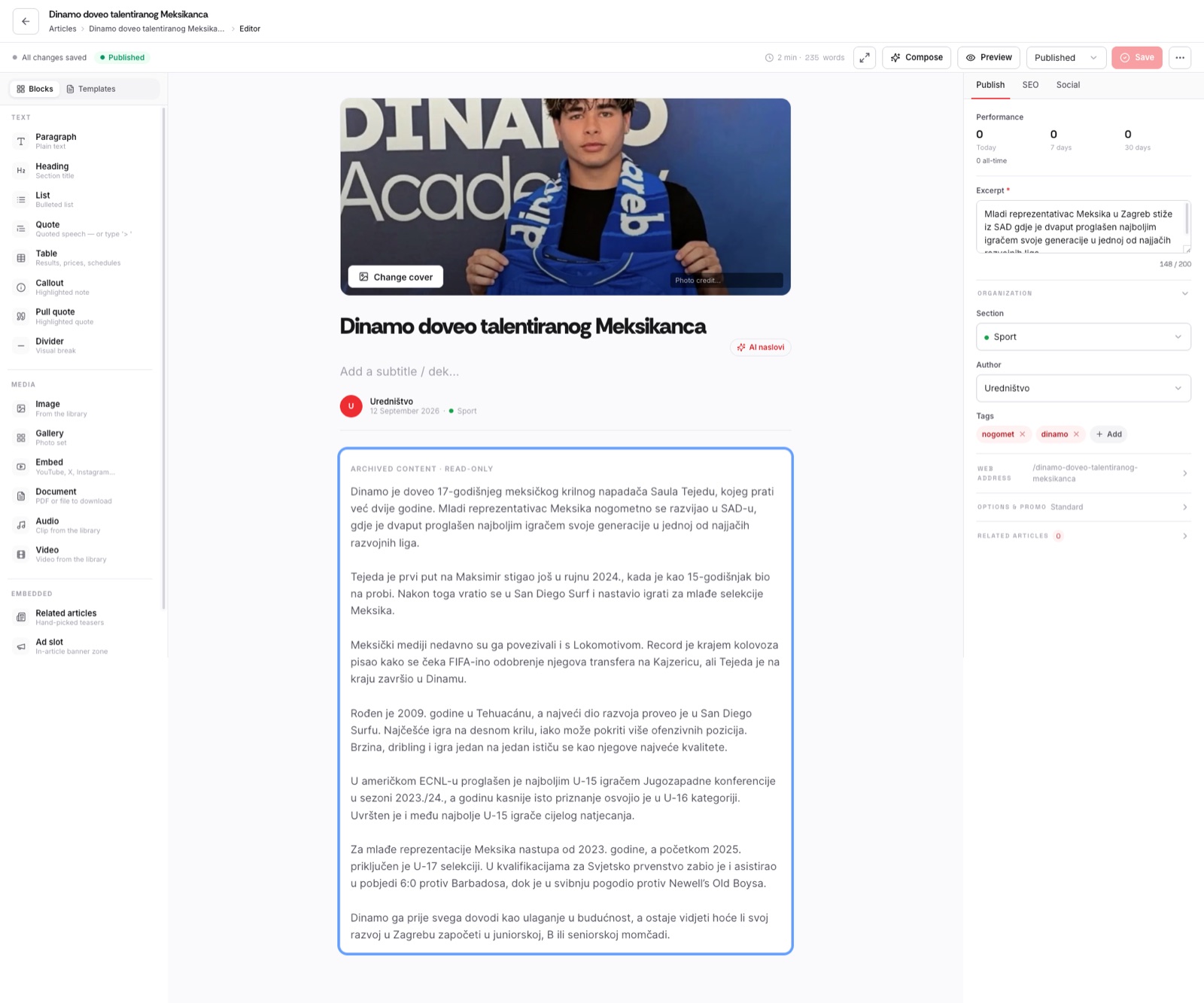 Content Studio — Block editor, with the legacy archive read-only