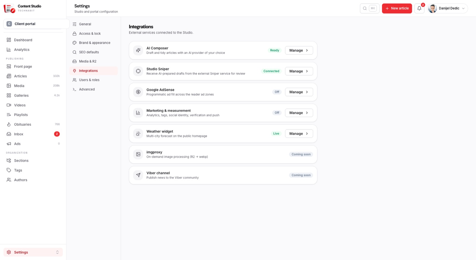 Content Studio — Studio configuration and integrations