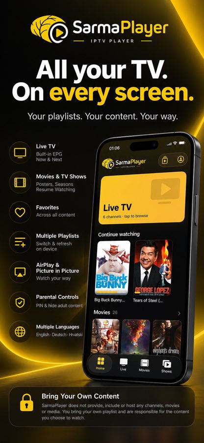 SarmaPlayer — Store listing — every screen