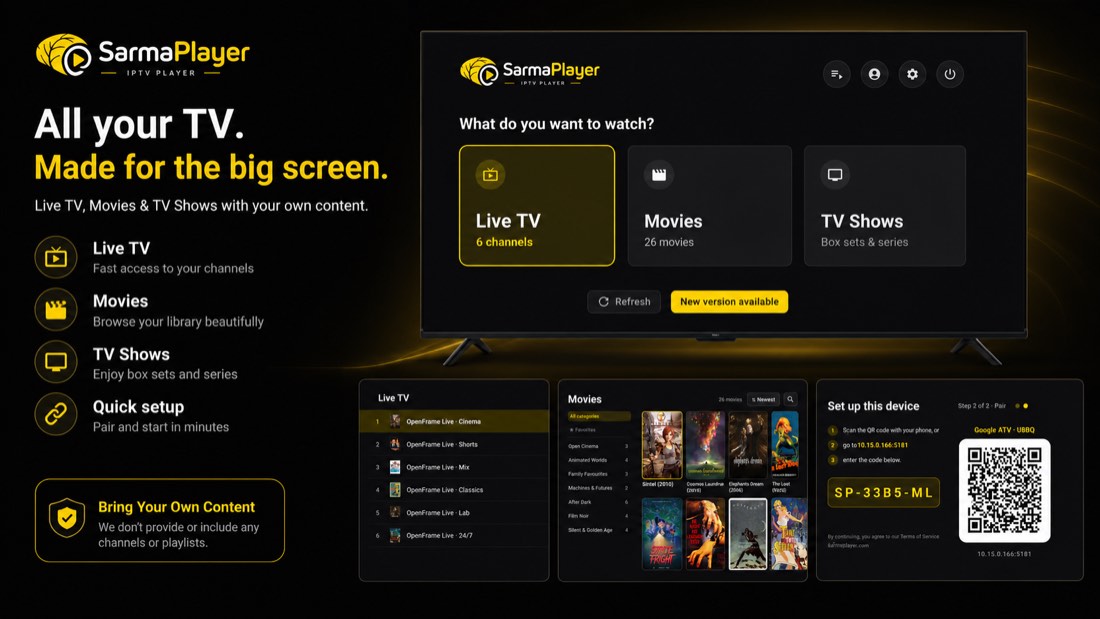 SarmaPlayer — Android TV home